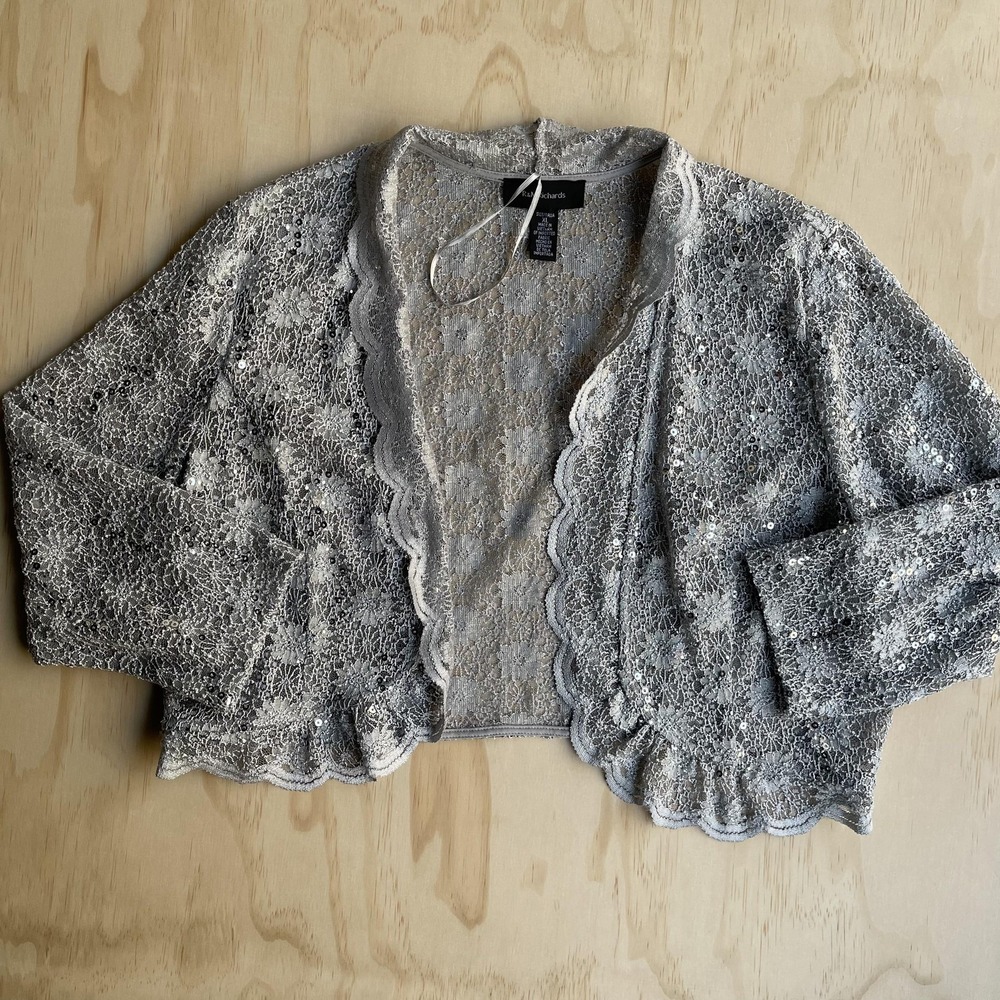R & M Richards Jacket Womens XL Silver Lace Sequin Open Front Sheer Formal